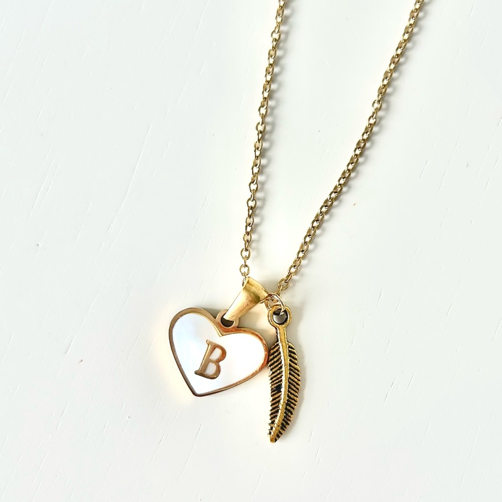 Initial Letter Necklace. B. Gold Heart and Feather 14k Gold Plated